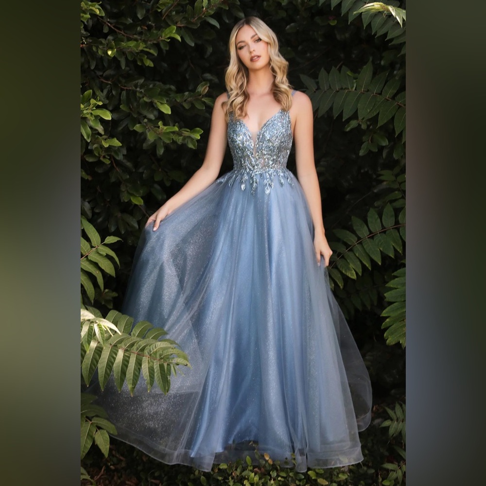 abc fashion beaded long sleeveless tulle dress smoky blue